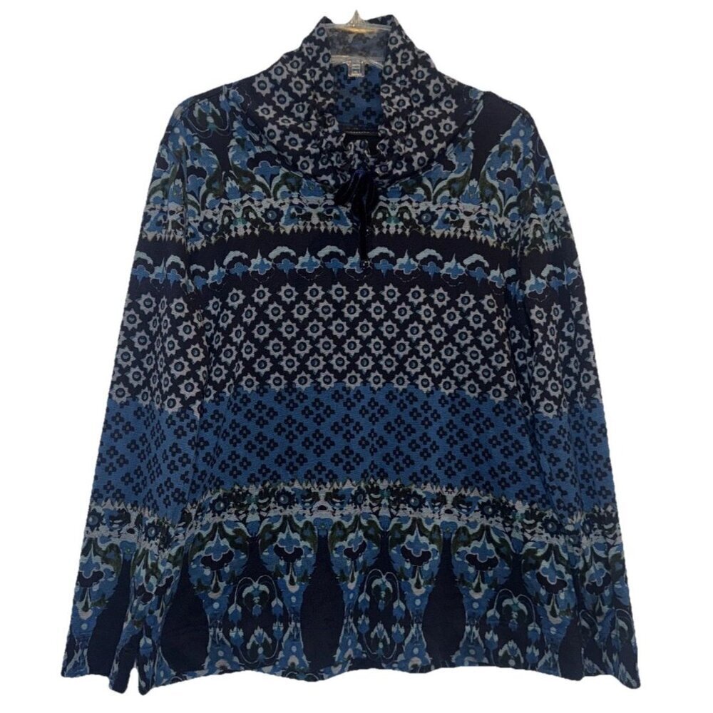 Susan Graver Weekend Women’s Blue Teal Printed Cowl Neck Pullover Top Sz M